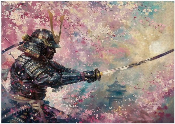 Sakura and Samurai Jigsaw Puzzle, Oil Painting Style Wall Art, 300/500/1000 Piece