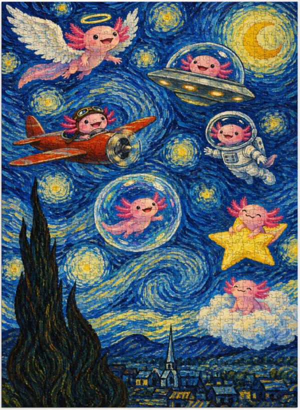 Starry Night Flying Axolotls Jigsaw Puzzle, Van Gogh Style Wall Art, 300/500/1000 Piece