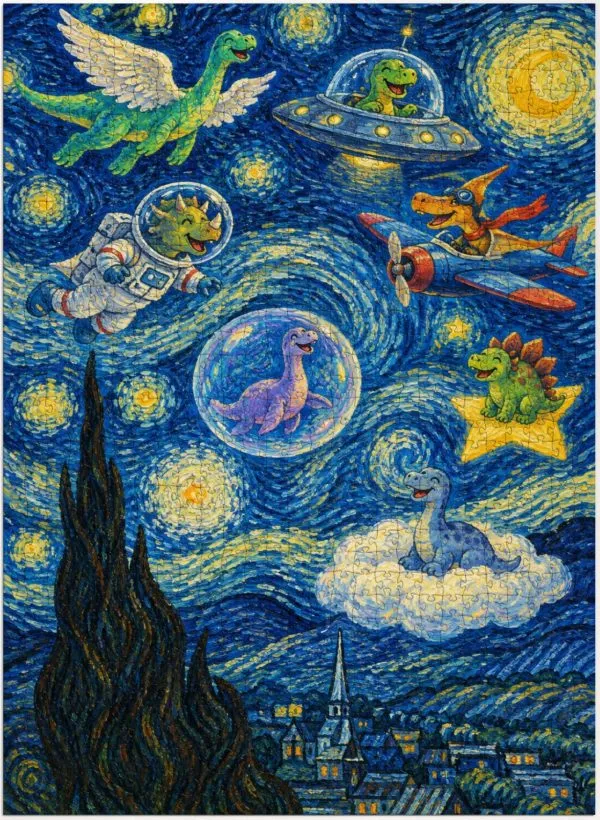 Starry Night Flying Dinosaurs Jigsaw Puzzle, Van Gogh Style Wall Art, 300/500/1000 Piece