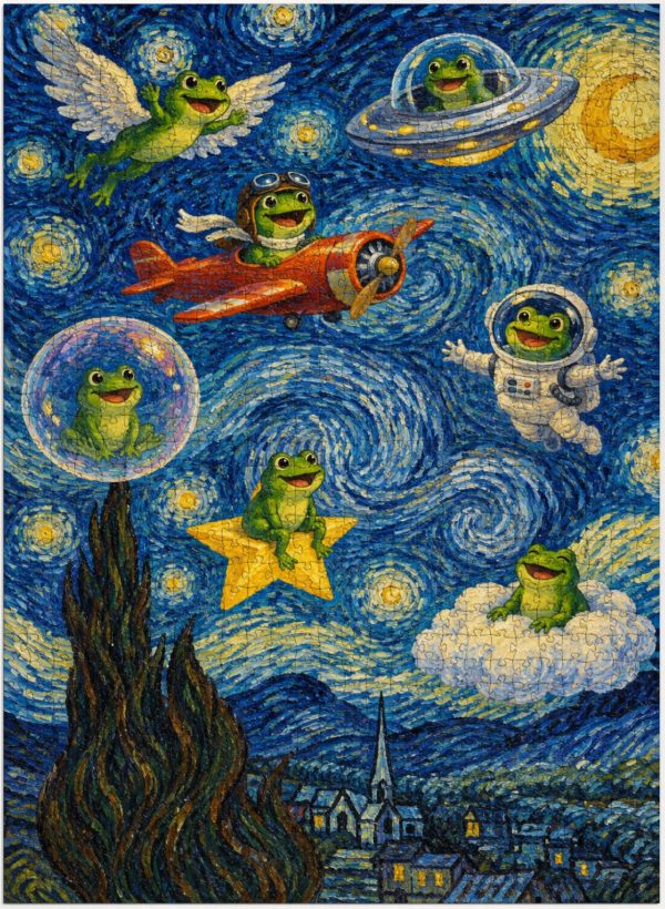 Starry Night Flying Frogs Jigsaw Puzzle, Van Gogh Style Wall Art, 300/500/1000 Piece