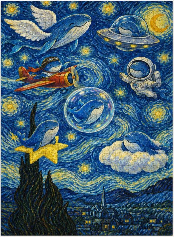 Starry Night Flying Whales Jigsaw Puzzle, Van Gogh Style Wall Art, 300/500/1000 Piece